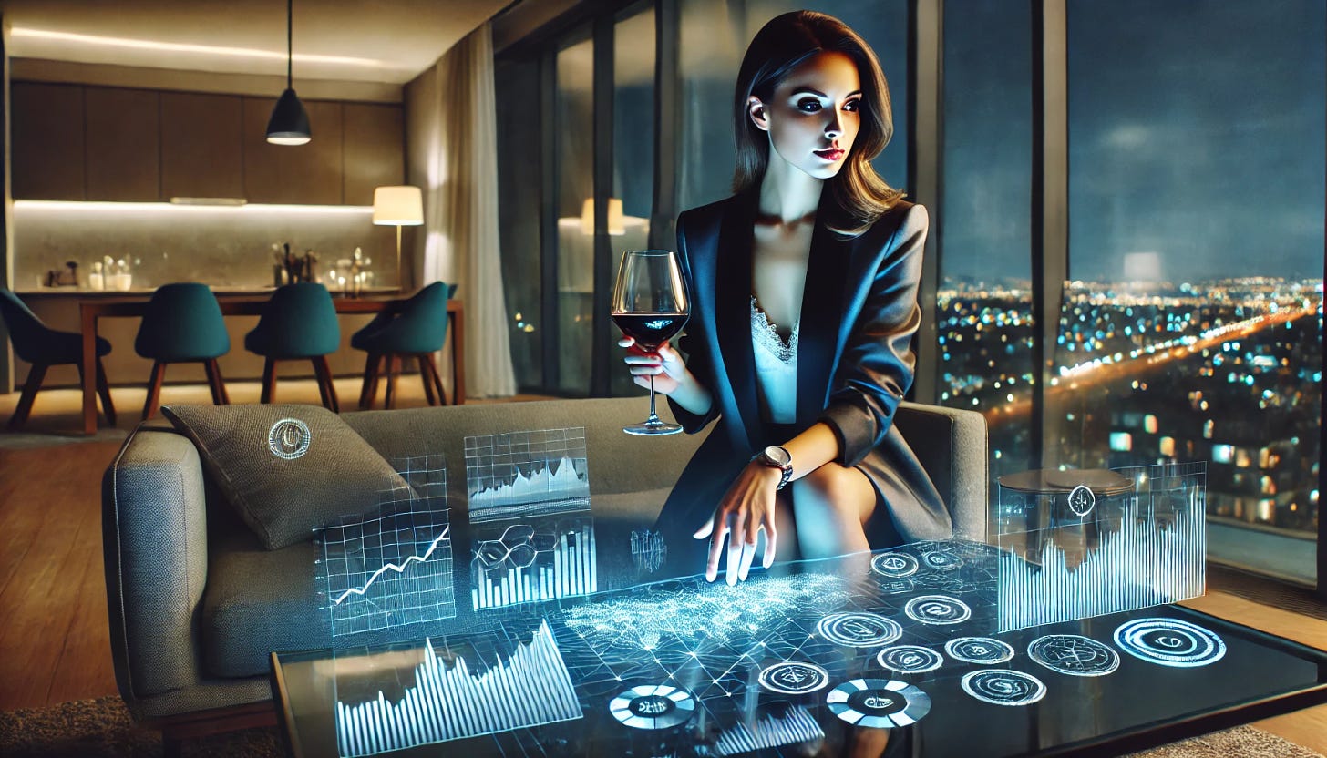 An attractive woman in her luxury apartment at night, sitting comfortably with a glass of wine, looking at holographic data projected from her coffee table. The holograms display detailed financial data graphs and figures in a futuristic, neon-blue glow. The apartment is modern and spacious with large windows showing a nighttime cityscape outside. Soft, ambient lighting adds a warm, sophisticated atmosphere to the scene. The woman is dressed in stylish, modern attire, and her expression is focused yet relaxed.