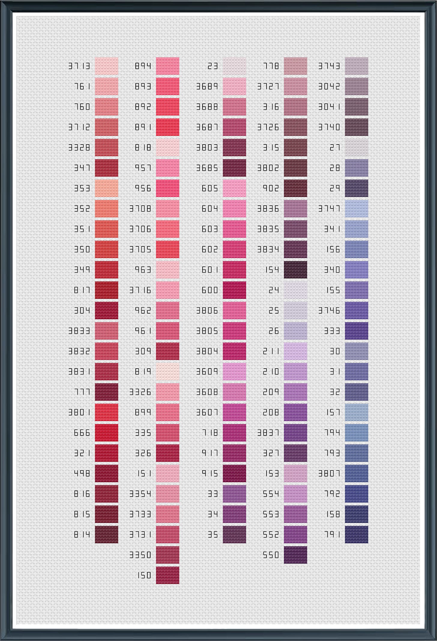 Computer generated stitched view of the pink and purple colour swatch page in a black frame