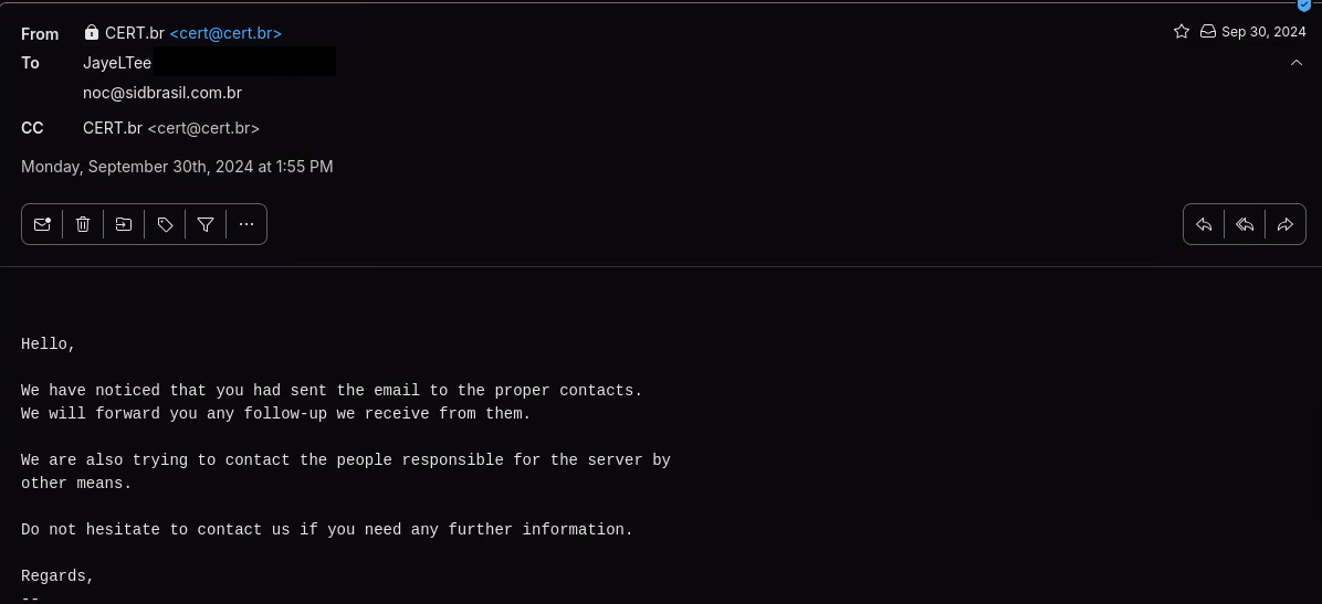 Screenshot of the email reply sent by cert.br.