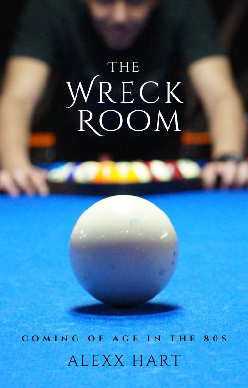 A teenage boy wracks pool balls while the white cue ball stares you down front and center. The Wreck Room - coming of age in the 80s.