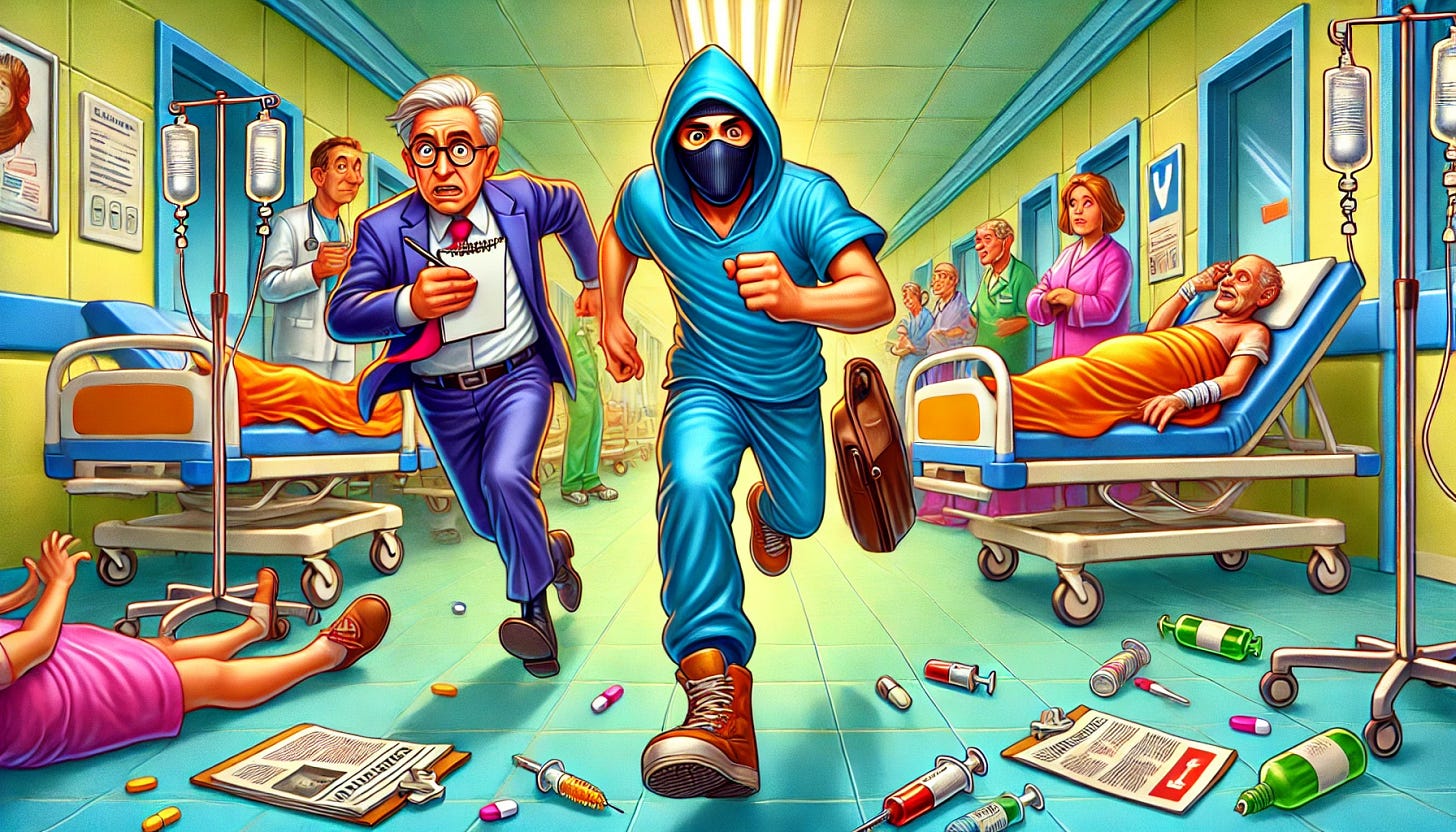 A journalist running behind a masked man down a hospital corridor with patients on beds and on the floor