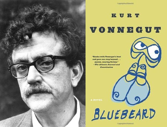 A photo of Vonnegut, weary-eyed behind glasses and a moustache, next to a cover for Bluebeard