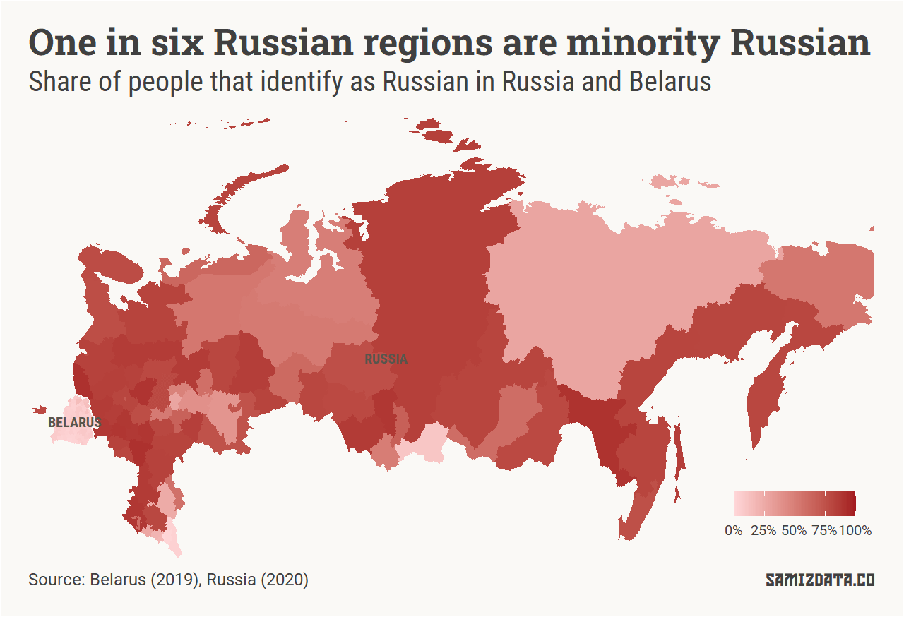 Map of Russia and Belarus, showing the share of Russians in each one of their regions according to the latest censuses.