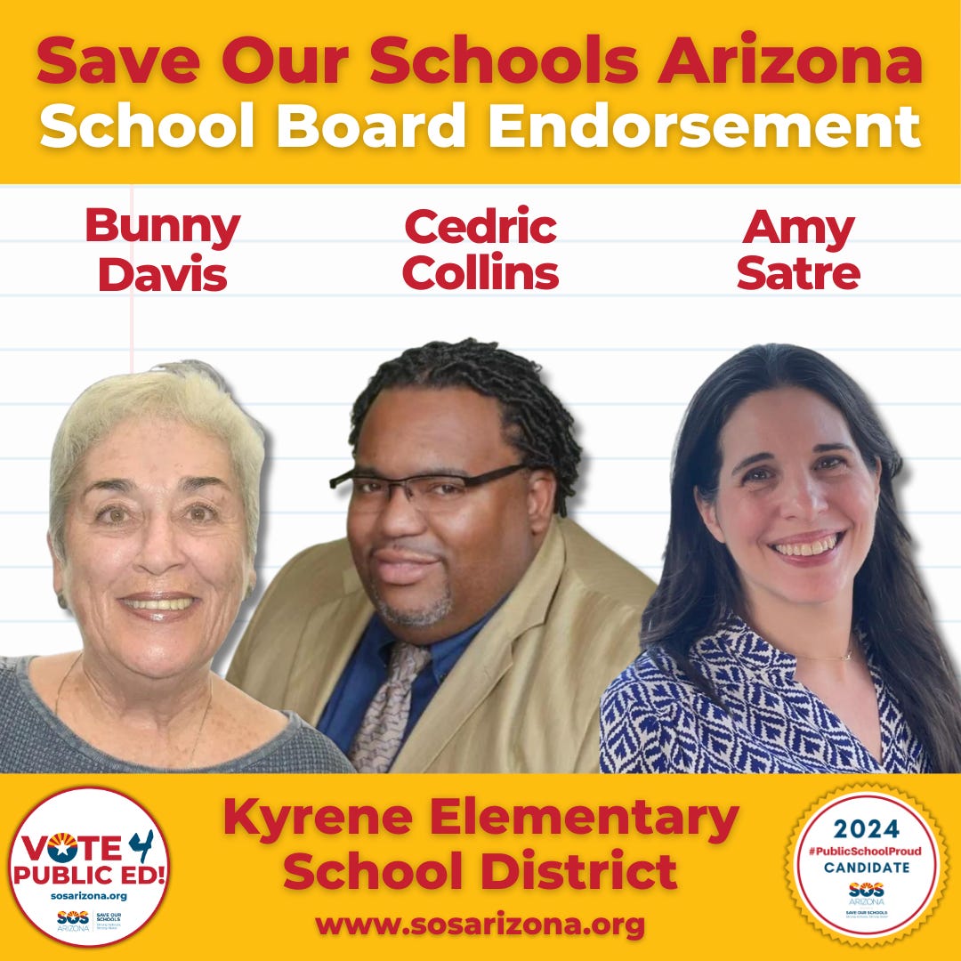 Save Our Schools Arizona school board endorsement, with photos of Bunny Davis, Cedric Collins and Amy Satre who are running for Kyrene Elementary School District.