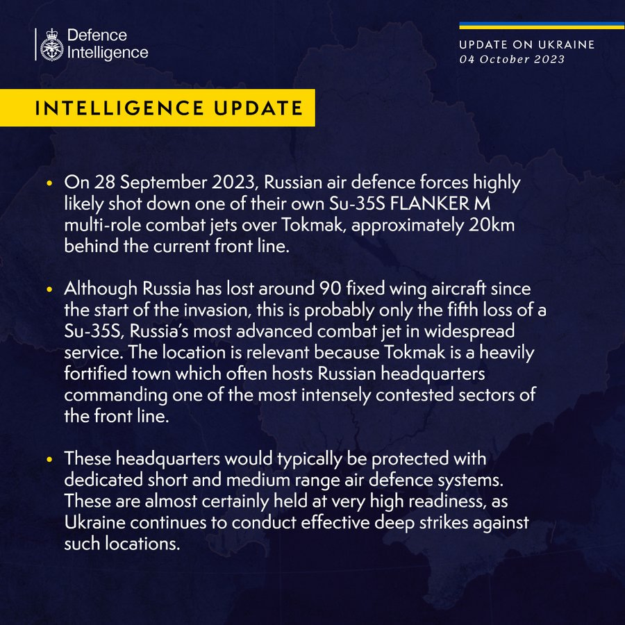 Latest Defence Intelligence update on the situation in Ukraine – 04 October 2023.