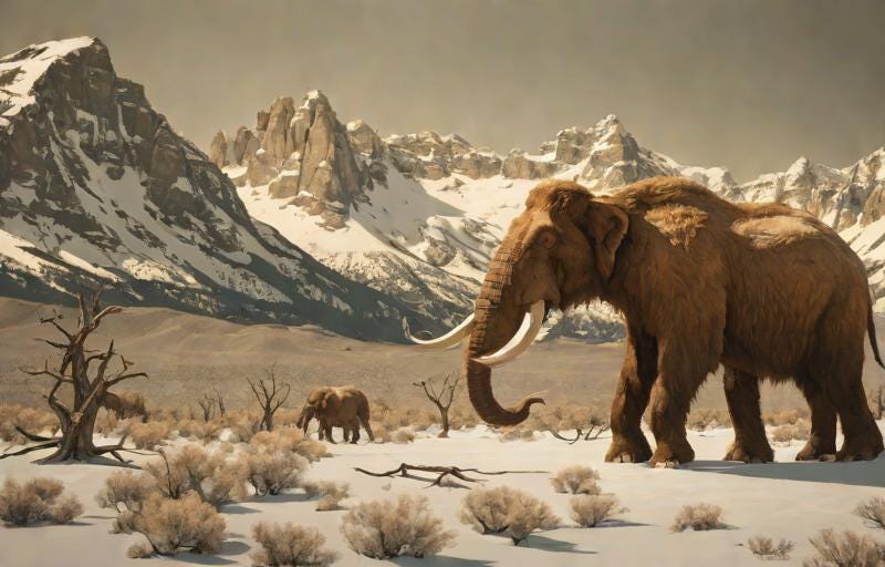 Wooly mammoth walking across frozen landscape