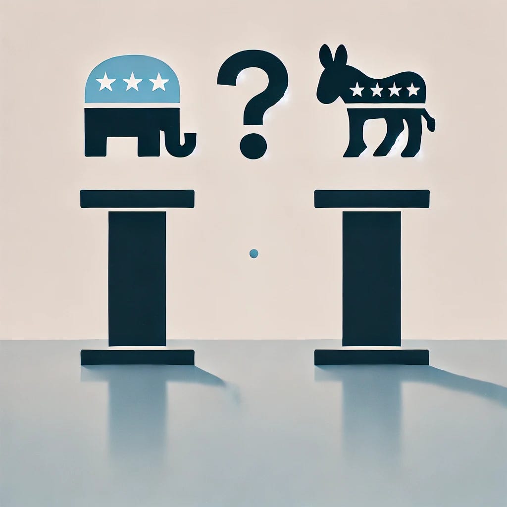 A minimalist graphic representing the challenges of a vice-presidential debate. The image features two podiums facing each other, one with a simple elephant icon on it and the other with a donkey icon, representing the two major political parties. A question mark floats between the podiums, symbolizing uncertainty. The background is a clean, neutral gradient with no text, focusing on the symbols and podiums.