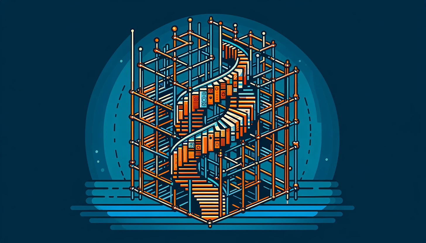 An abstract image symbolizing life-long learning using a scaffolded structure, designed for a Substack newsletter on technology and education. The image should have a 2:1 aspect ratio. Instead of using orange (#ee7835) as the main color, the background should feature a complementary color, such as a deep blue or green, to enhance the visual appeal. The scaffolded structure, perhaps a spiraling staircase or a progressively building structure, should be the focal point, representing the idea of ongoing development and education. The design should be simple, engaging, and harmonious, without any text.