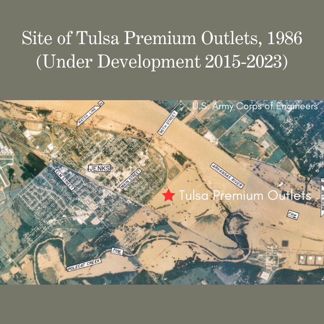 The infographic shows a vintage aerial photograph of Jenks during the 1986 flood. A red star over a flooded area marks the site where Tulsa Premium Outlets is now under development.