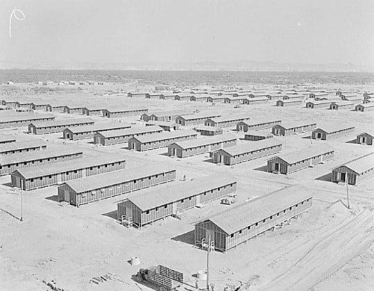 Black and white aerial photo of the Poston (Colorado River) Japanese concentration camp during World War II.