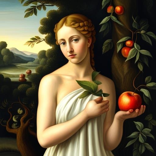 Eve holding an apple near the Tree of Life with the snake around it and nay  apples. Renaissance or Baroque painting style. - AI Generated Artwork -  NightCafe Creator