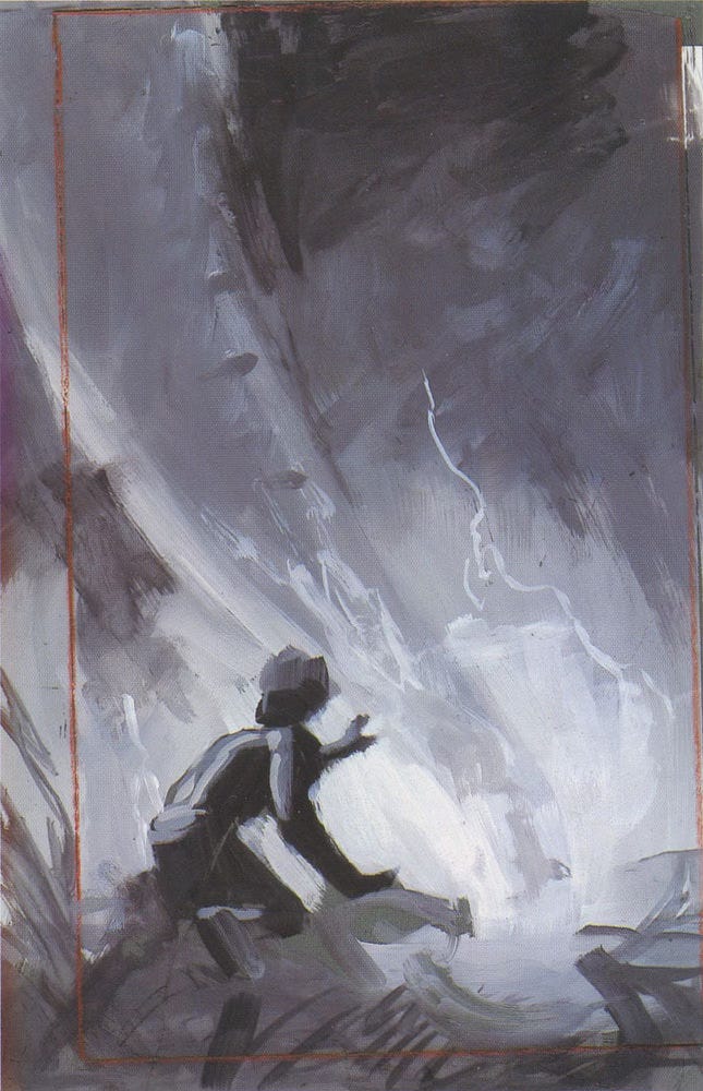 Rough tonal concept for JOURNEY BEHIND THE WIND featuring the man posed reaching out to a vortex with forks of lighting in the sky beyond.