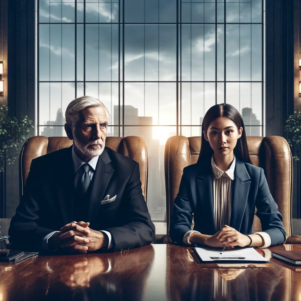A symbolic image depicting an aging CEO and a youthful CEO in a corporate boardroom setting. The aging CEO is a Caucasian male in his late 50s, dressed in a traditional dark business suit, symbolizing wisdom and experience. Sitting next to him is a youthful CEO, a South Asian female in her early 30s, wearing smart casual attire, representing the new wave of tech leadership. They are seated at a round table, engaging in a serious discussion. The boardroom is high-end with a polished wooden table, leather chairs, and a panoramic view of the city skyline through large windows, emphasizing the blend of traditional and modern leadership styles.