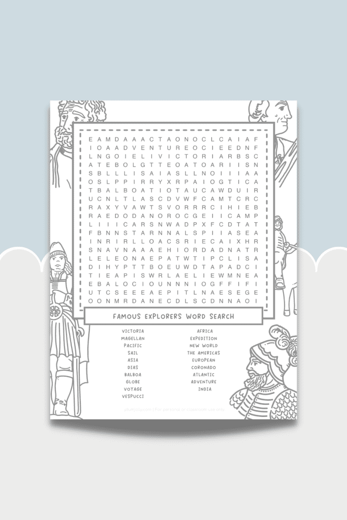 This seventh printable on our Famous Explorers word search blog post is the Famous Explorers word search with images of explorers drawn all around it!