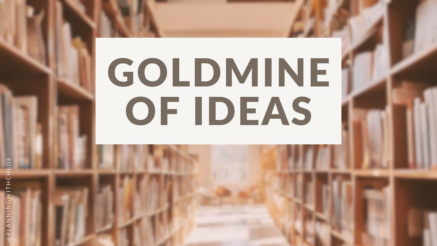 Goldmine of ideas - a library image, filled with golden light and shelves stacked with books.
