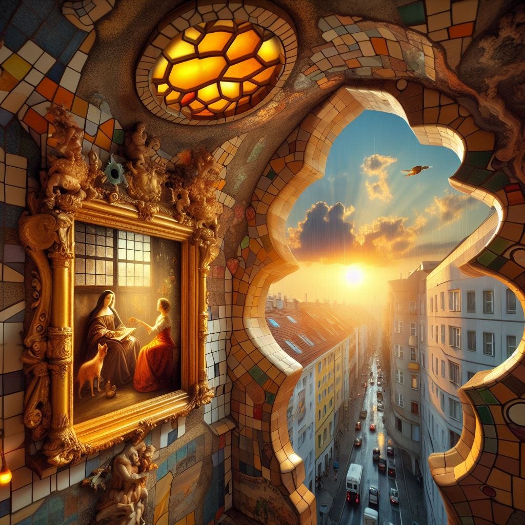 Hyper realistic;tilt shift;small painting “The Art of painting” by Johannes Vermeer, painting with merging Quatrefoil on wall: small painting with tan Gothic Tracery: chartreus glowing decorative tiles. painting merges into the Hundertwasserhaus, Vienna, Austria:painting partly embedded in wall. Interior warm light. sunbeams shining through. vast distance. Tilt shift. Bird flying by. Clouds overhead raining prisms of light on strings