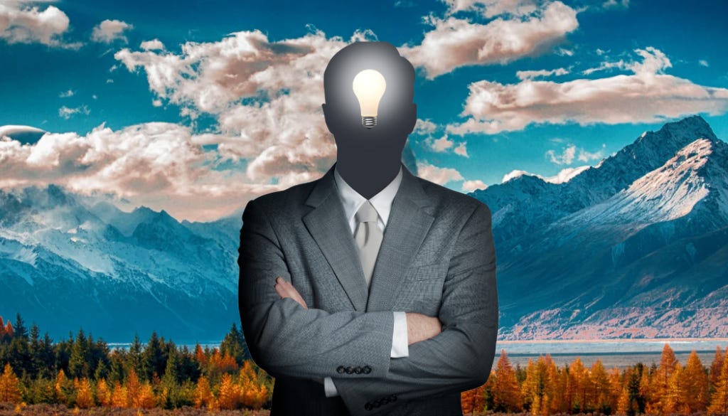 Image of a person with mountains in the background. He has a light bulb image in his head signifying his inner master teacher.