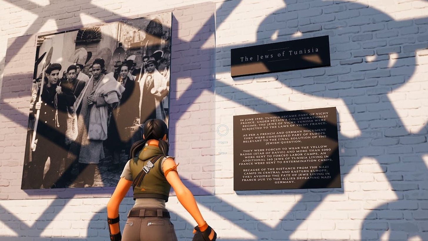Video game screenshot of a person's avatar looking at picture and plaque