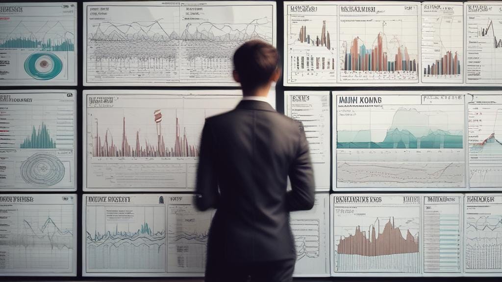 AI generated image of many charts on a wall with a man in a suit in front of them, facing the wall.