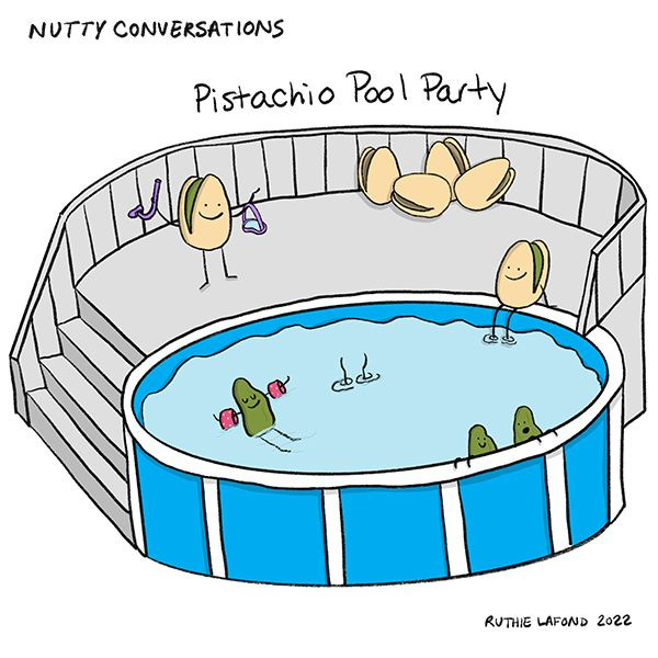The caption reads, "Pistachio Pool Party". The image shows a blue pool with several pistachios without shells swimming inside, and two pistachios standing outside, one holding a purple snorkel. The empty shells are lined up against the wall.