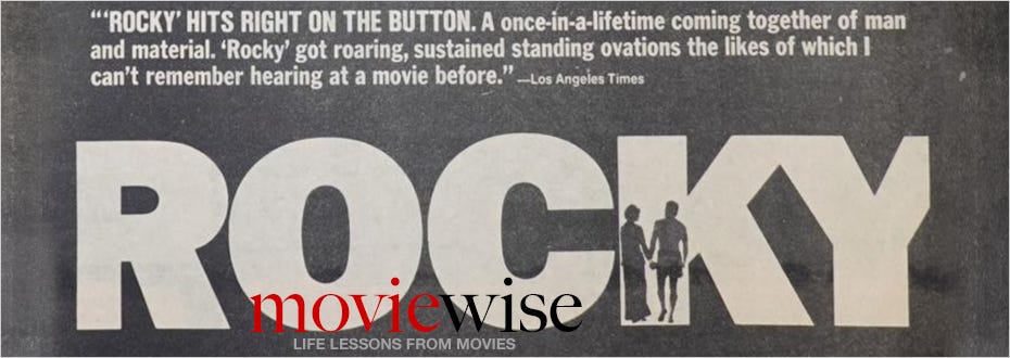 A newspaper ad for Rocky, featuring a pull quote from a Los Angeles Times movie review.
