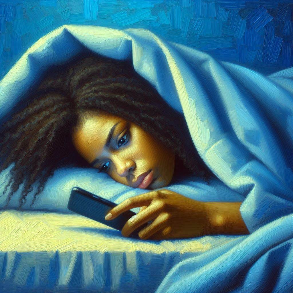 Génère l'image d'une jeune femme noire triste qui envoie un message depuis son smartphone sous la couverture de son lit, style peinture d'huile sur fond bleu