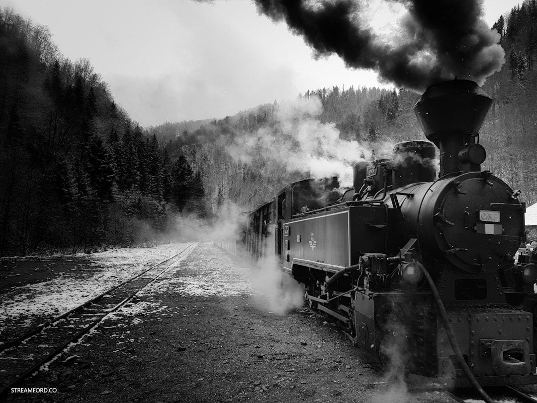grayscale photo of train on rail road grayscale photo of train on rail road
