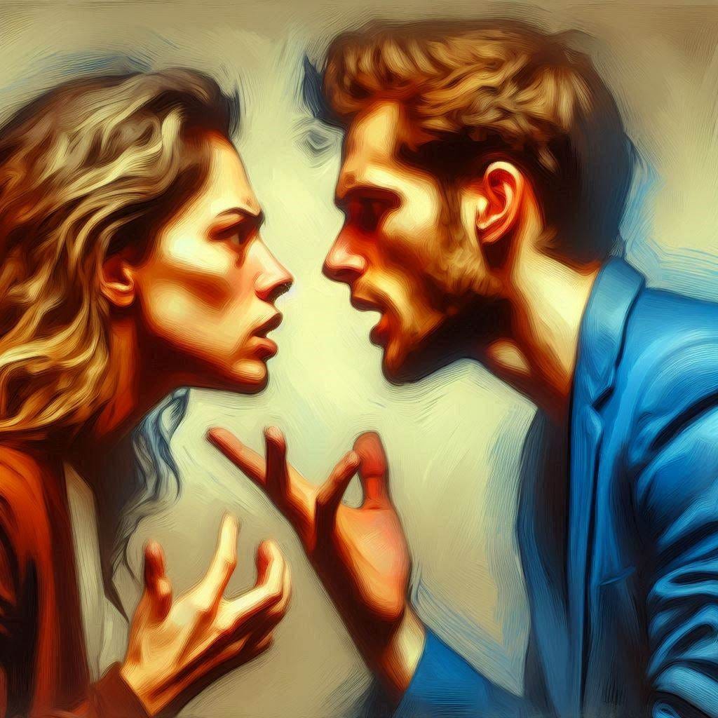 Make an image in a moden oil painting style of two people in an intense argument 