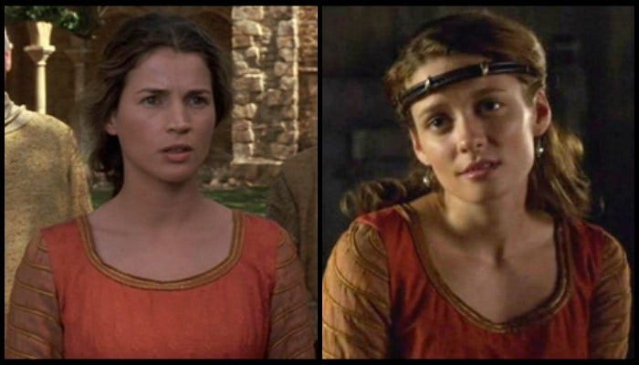 Prezentowana tunika (nie bijcie mnie, nie rozróżniam sukienki od spódnicy) została użyta w dwóch filmach arturiańskich:. Po lewej Julia Ormond w "Pierwszym rycerzu" (1995), a obok Jean Chorostecki w serialu "Camelot" z 2011 roku.