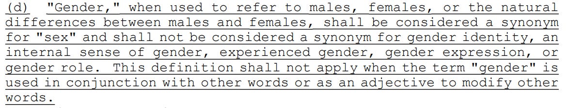 (d) "Gender," when used to refer to males, females, or the natural 26 differences between males and females, shall be considered a synonym 27 for "sex" and shall not be considered a synonym for gender identity, an 28 internal sense of gender, experienced gender, gender expression, or 29 gender role. This definition shall not apply when the term "gender" is 30 used in conjunction with other words or as an adjective to modify other 31 words.