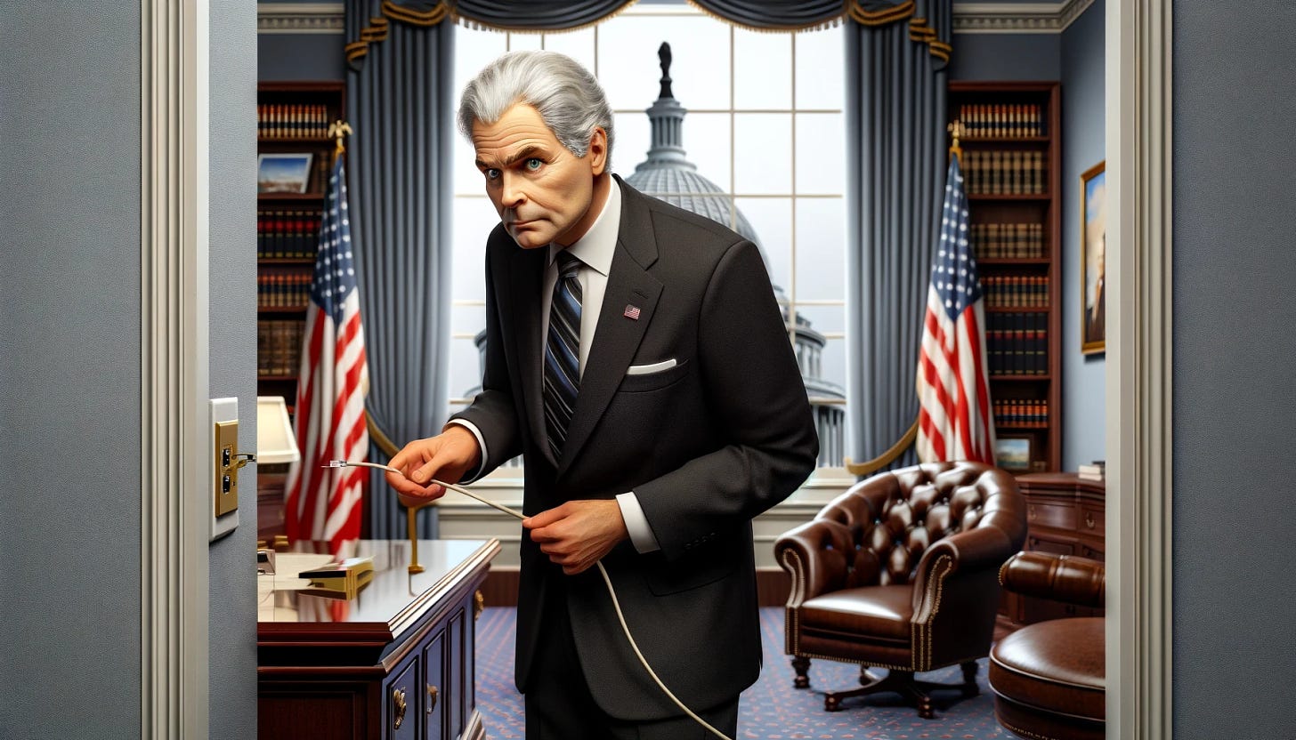 An older, less attractive white male congressman, dressed in a classic dark suit and tie, is shown in a detailed Congressional office. He is in the act of pulling a short ethernet cord from an ethernet outlet on the wall, looking determined. The man has thinning hair and a serious expression. The office is elegantly decorated with American flags, leather chairs, and bookshelves. The scene shows a continuous ethernet cord clearly being pulled out, with the unplugged ethernet plug visible. A large window in the background reveals the Capitol building.