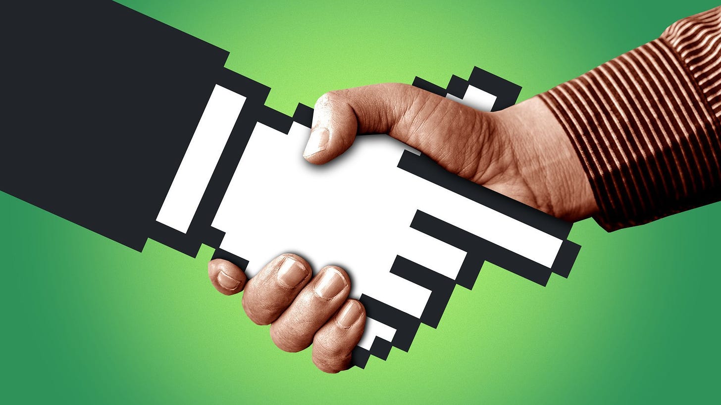 Illustration of a human hand and a computer cursor hand engaged in a handshake