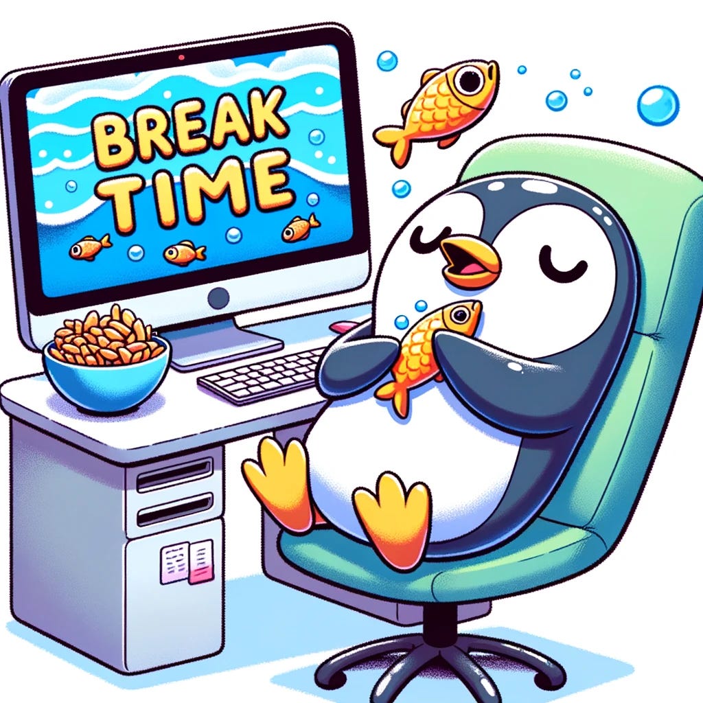 Illustration of a contented penguin leaning back in its chair, enjoying a bowl of fish snacks, with the computer screen displaying a 'break time' screensaver in the background.