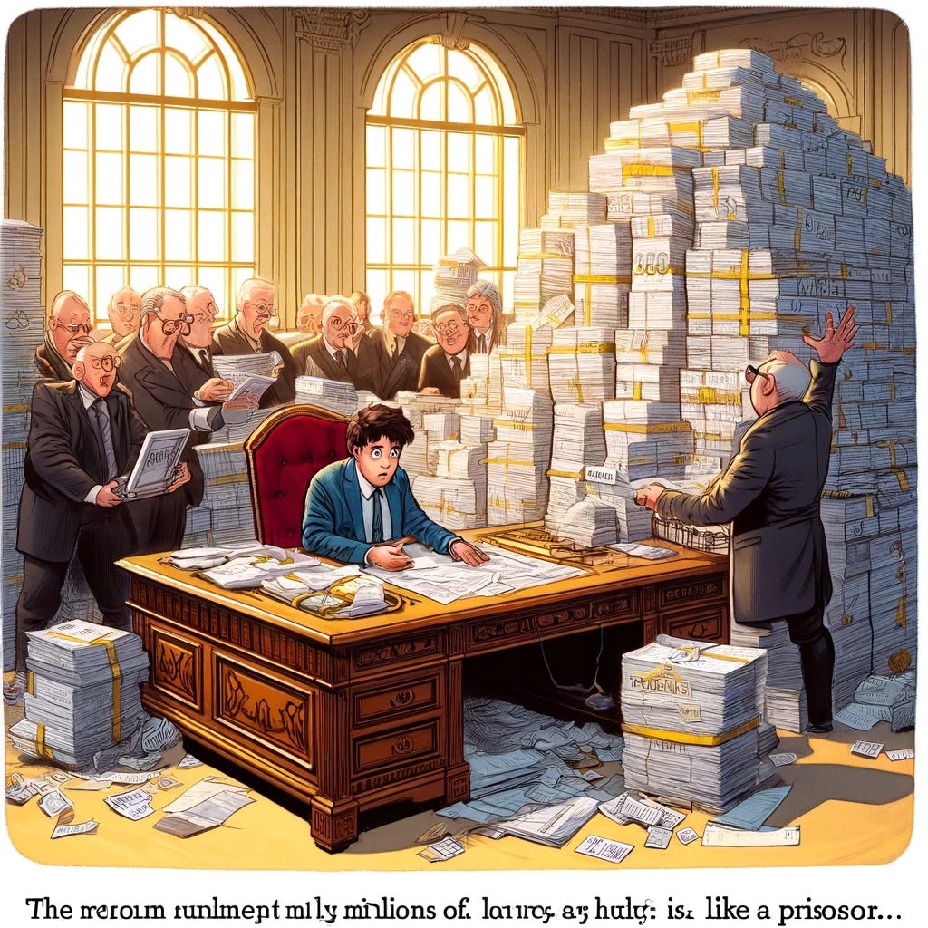 A funny cartoon of a person suddenly finding themselves the recipient of many millions thanks to the death of an unknown relative, but this new life is like a prison with accountants, lawyers, estate management, and hassle. The scene shows the person sitting at a massive desk, overwhelmed by mountains of paperwork, while surrounded by stern-looking accountants and lawyers bustling around. The person looks bewildered and trapped, emphasizing the comedic irony of the situation. The environment is opulent but feels confining, with a jail-like atmosphere created by stacks of documents and busy professionals.