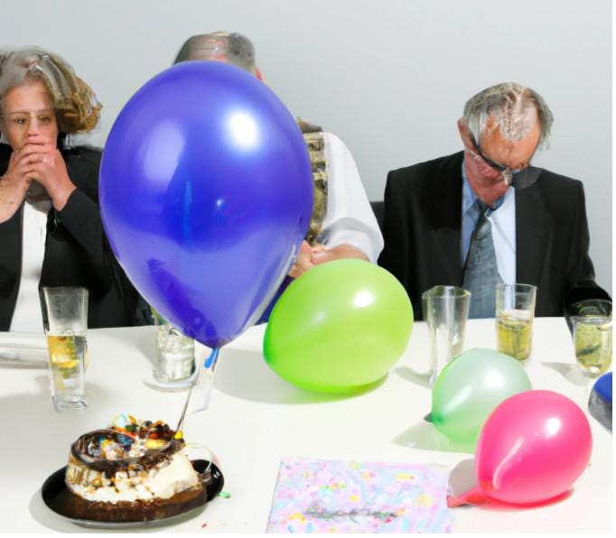 Photo generated by DALL-E 2 of a sad retirement party with balloons and cake.