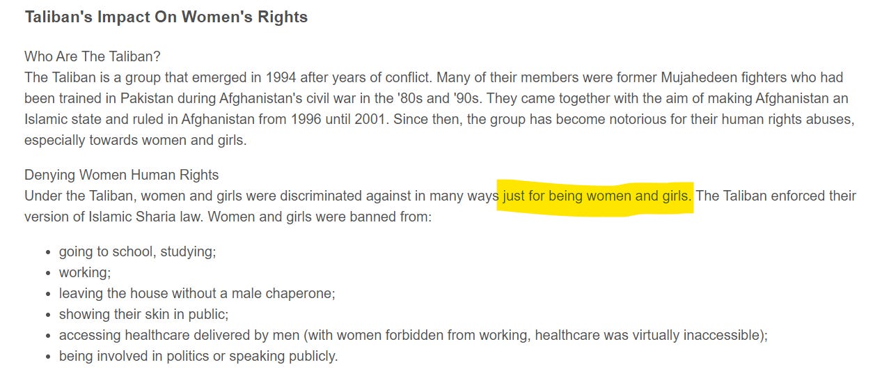 Screen shot of article section where website was changed to read Amnesty updated to read “just for being women and girls.”