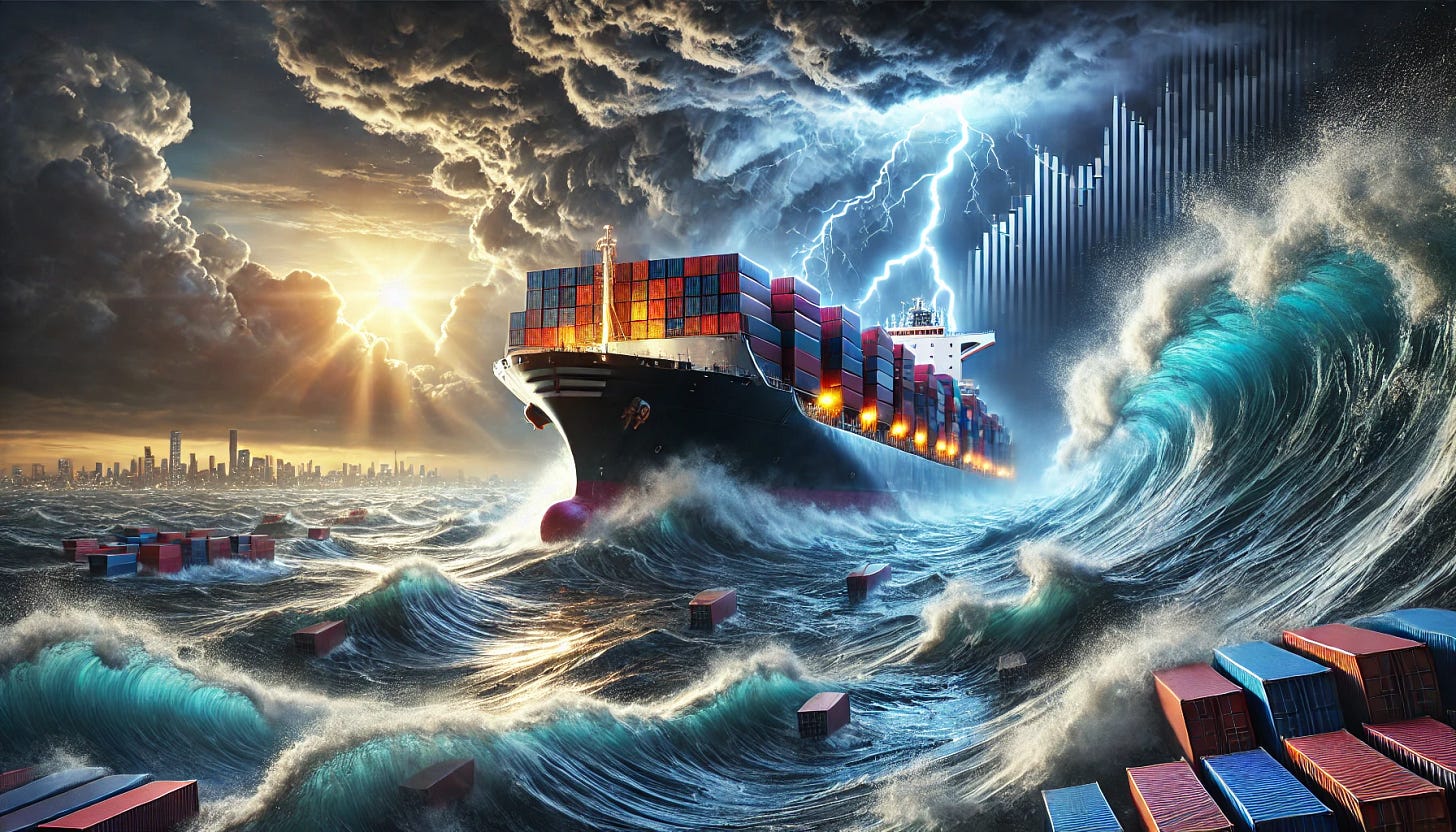 An ultra-realistic, high-resolution cinematic image of a massive cargo ship caught in an intense storm, with towering waves violently crashing against its hull. The ship is loaded with colorful containers, symbolizing global trade, but without any visible text or labels. The sky is filled with dark, swirling storm clouds, with dramatic lightning bolts illuminating the turbulent scene. The ocean's surface is chaotic, with water spraying into the air as the vessel struggles against nature. In the background, a distant city skyline with flickering lights represents financial instability, with abstract financial graphs subtly integrated into the stormy sky. The lighting is highly dramatic, with strong contrasts, hyper-detailed textures, and realistic reflections on the water, making the scene feel immersive and breathtaking.