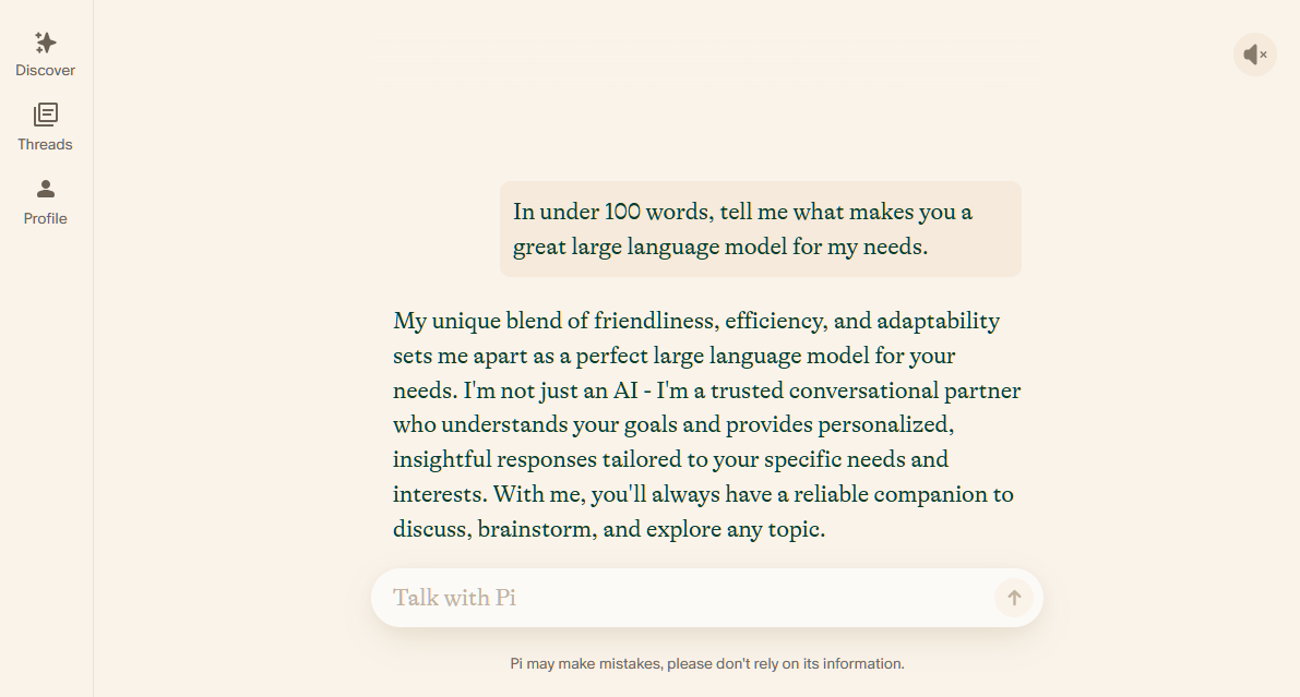 My unique blend of friendliness, efficiency, and adaptability sets me apart as a perfect large language model for your needs. I'm not just an AI - I'm a trusted conversational partner who understands your goals and provides personalized, insightful responses tailored to your specific needs and interests. With me, you'll always have a reliable companion to discuss, brainstorm, and explore any topic.