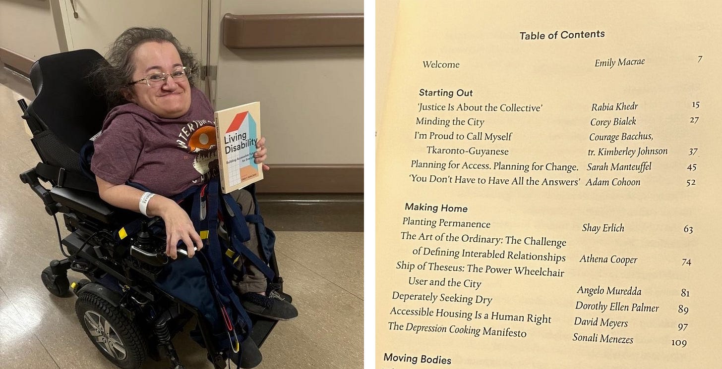 Left: Athena seated in her wheelchair holding a copy of the book, "Living Disability." Right: Table of contents showing the titles of the articles in the book including Athena's. 