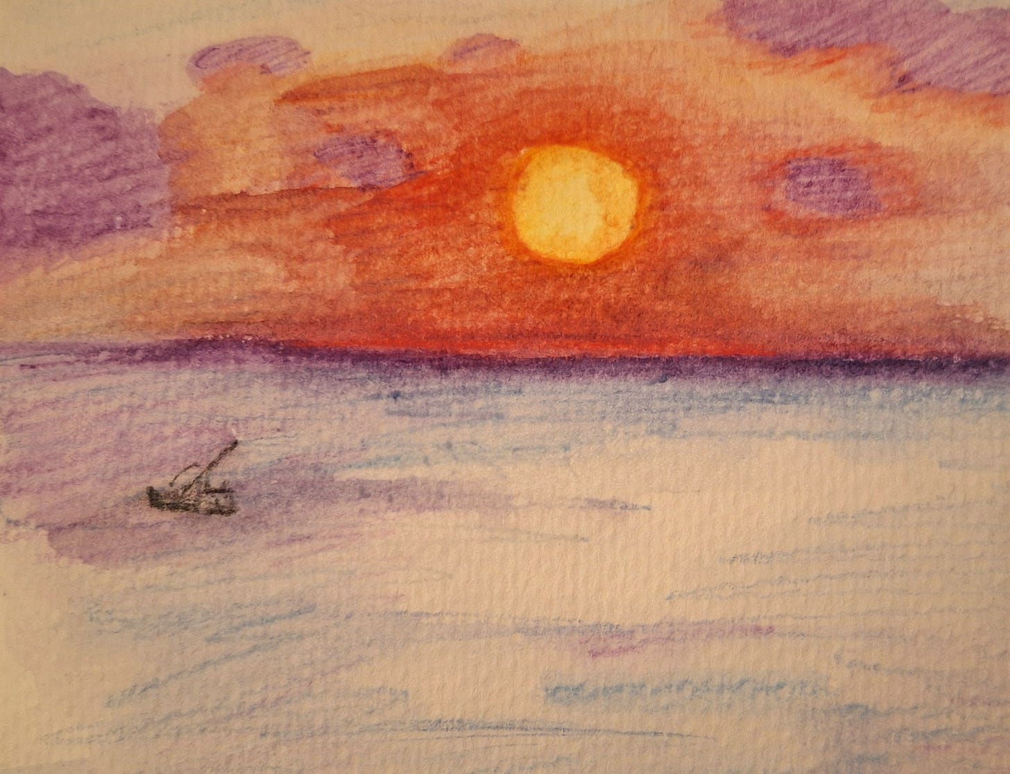 Watercolour pencil sketch of a sunset over Uluwatu in Bali.  The sun is a yellow disc surrounded by red and orange.  purple coulds are reflected in the water.  A lone fishing boat is silhouetted in the mid ground.