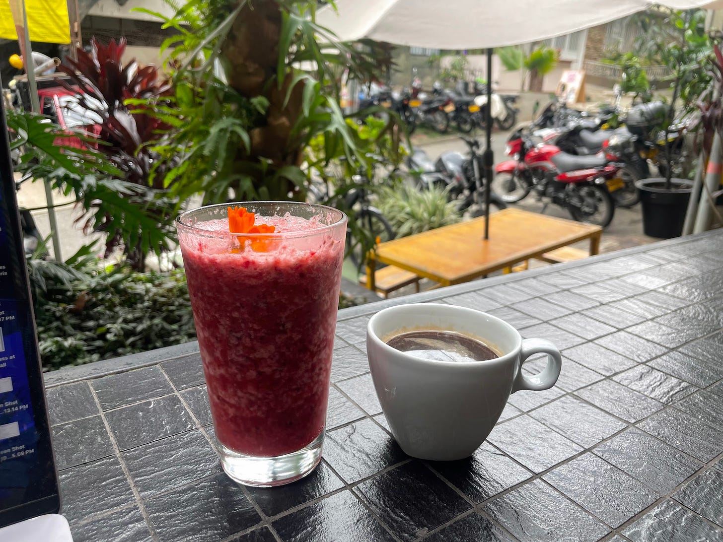 A red smoothie topped with an orange flower stands beside a cup of espresso on a tile counter overlooking large green plants and a wooden bench