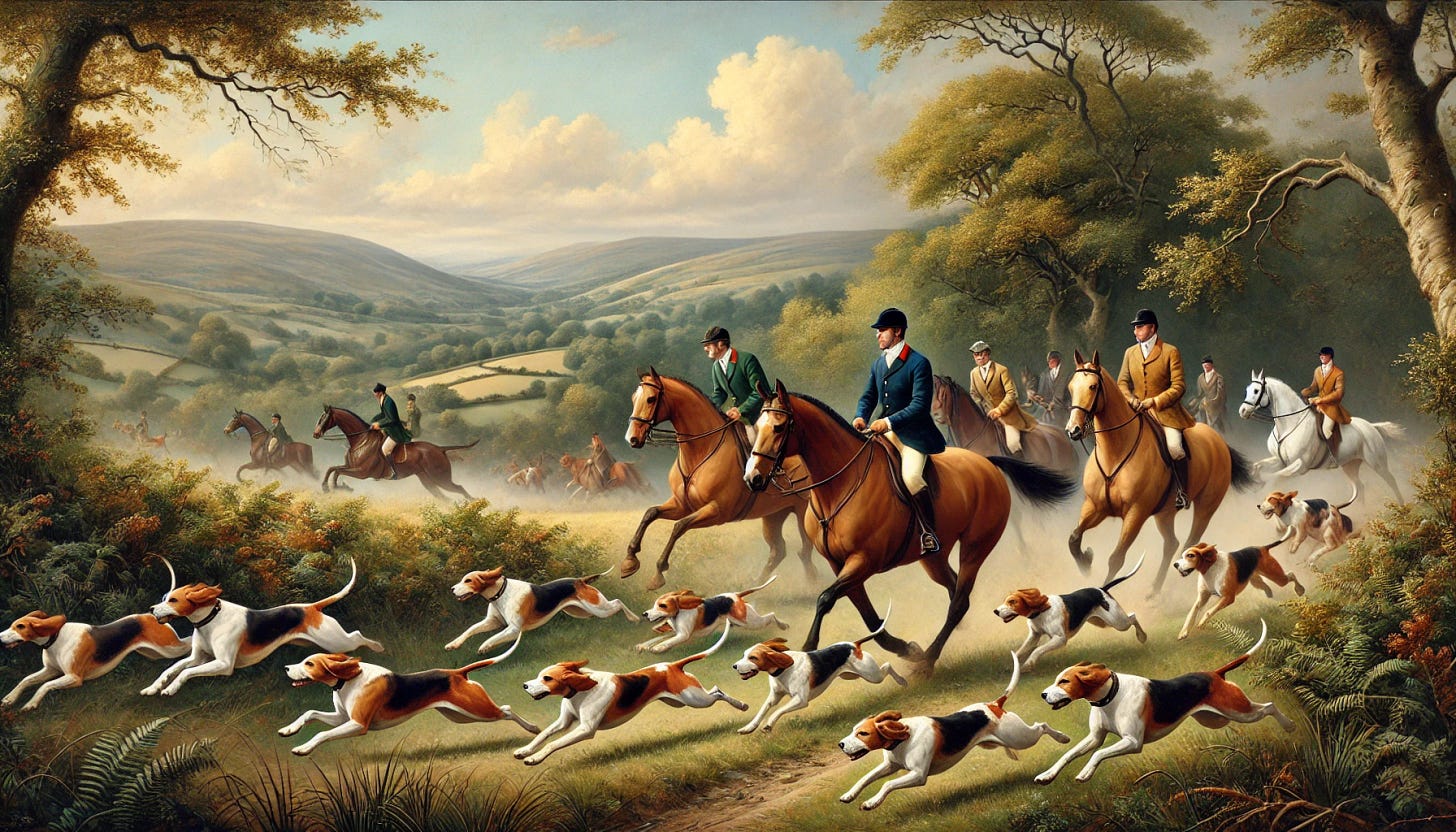 A traditional hunting scene inspired by 19th-century English painters. The painting features several riders on horseback, dressed in classic hunting attire, galloping through the rolling English countryside. The hounds run energetically alongside the horses as they chase after their quarry, and the riders are fully engaged in the hunt. The landscape includes lush greenery, trees, and hills under a soft sky typical of rural England. The style is reminiscent of traditional English 19th-century painters, with detailed brushstrokes, realistic figures, and a harmonious pastoral setting that captures the spirit of the hunt.