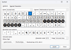 The Symbol dialog box in Microsoft Word, showing the minus sign, Unicode 2212.