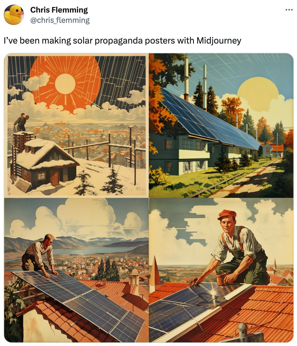  See new Tweets Conversation Noah Smith 🐇🇺🇸🇺🇦 @Noahpinion · 22h Solar is for real. Quote RethinkX @rethink_x · Aug 22 A large majority of EU countries will hit 2030 solar targets ahead of schedule. Some have already achieved them.  https://politico.eu/article/solar-power-global-emissions-climate-crisis-eu-blindsided-by-spectacular-solar-rollout/ Chris Flemming @chris_flemming I’ve been making solar propaganda posters with Midjourney