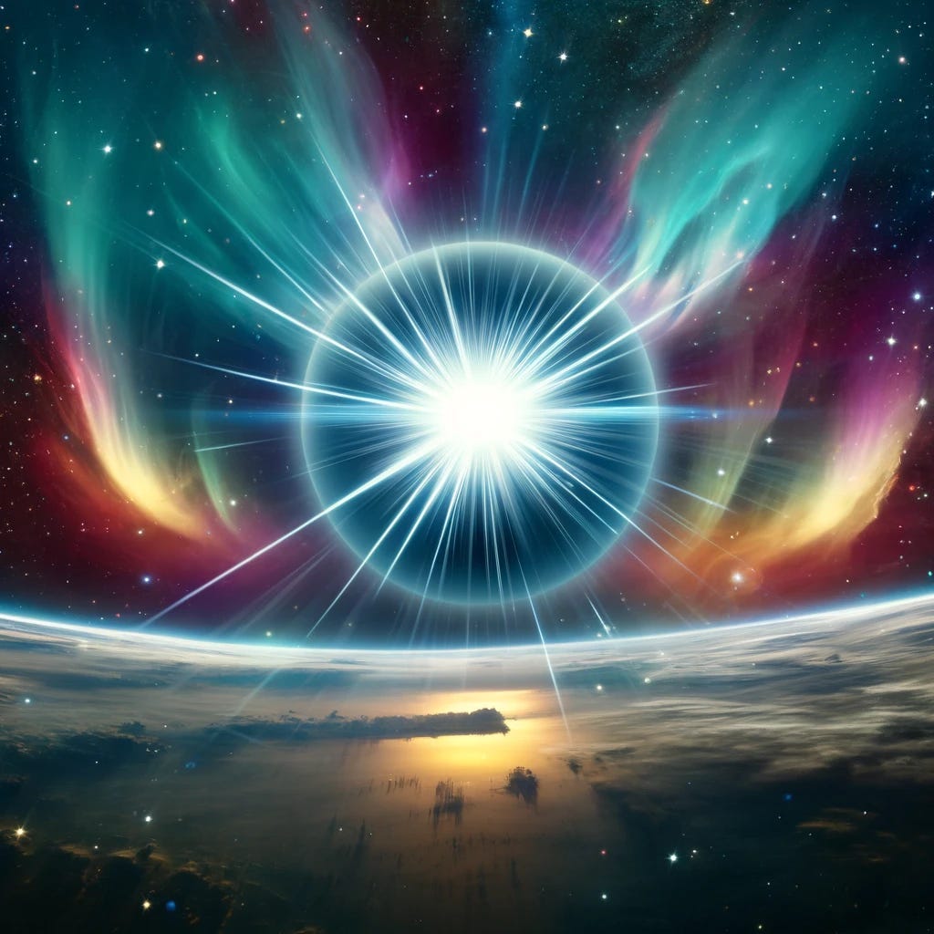 Artistic representation of a neutron star emitting bright, colorful rays into space against a backdrop of distant galaxies and stars. The star is surrounded by vivid, aurora-like emissions, highlighting its powerful and enigmatic presence in the universe. This image blends artistic and scientific elements to convey the star’s mysterious nature. Understanding supersolids could illuminate the nature of neutron stars.