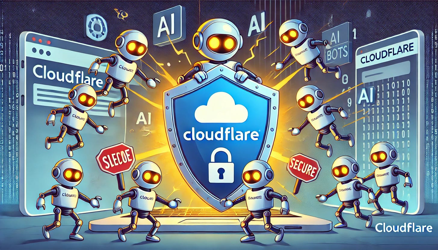 A cartoon-style image showing a Cloudflare shield with the Cloudflare logo blocking AI bots from accessing a website. The website is depicted as a secure area with a lock symbol, while the bots, represented by small robots with glowing eyes and mechanical limbs, are being repelled by the shield. The scene is dynamic, with some bots crashing into the shield and others being deflected away. The background includes elements like a computer screen and internet icons to emphasize the digital environment.