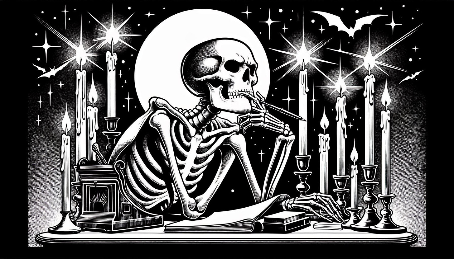 black and white drawing of a skeleton deep in thought at a desk with candles in art deco style with no borders. Image 2 of 3