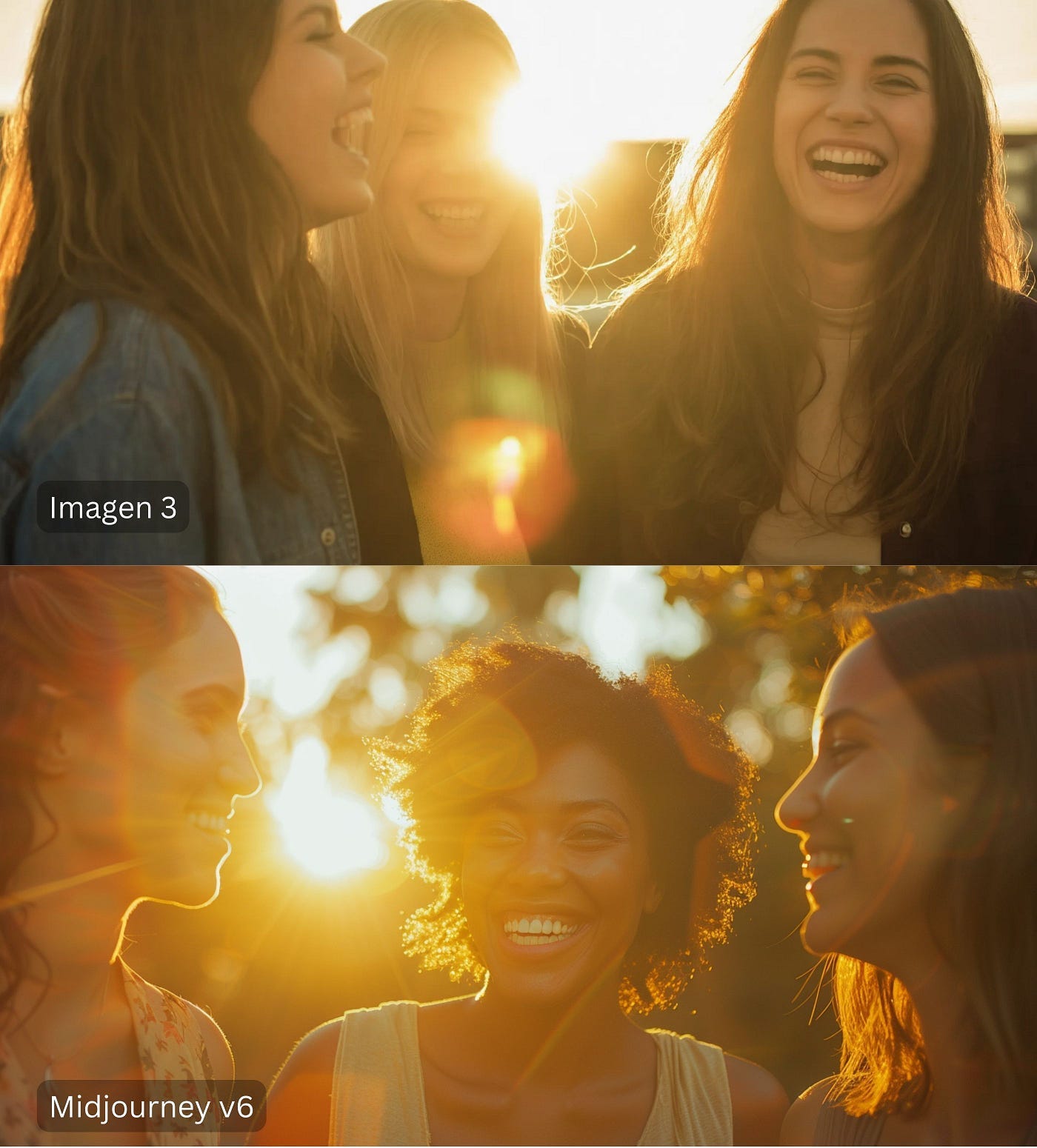 Three women stand together laughing, with one woman slightly out of focus in the foreground. The sun is setting behind the women, creating a lens flare and a warm glow that highlights their hair and creates a bokeh effect in the background. The photography style is candid and captures a genuine moment of connection and happiness between friends. The warm light of golden hour lends a nostalgic and intimate feel to the image