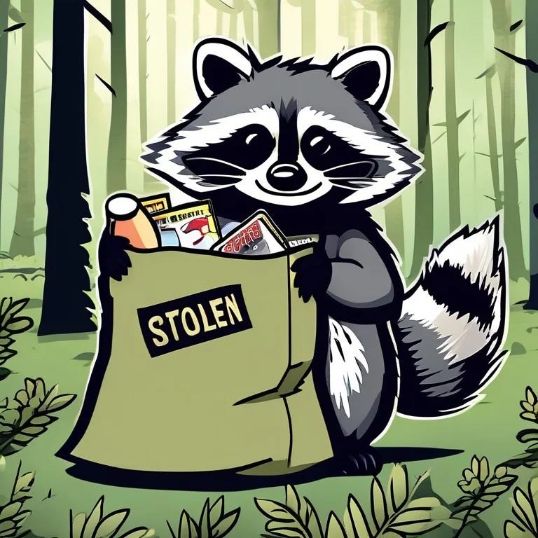 A raccoon in the lush, green forest holding a bag of stolen goods. The bag says, "Stolen".