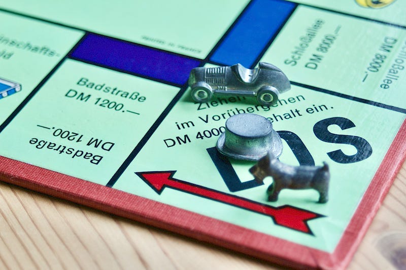 monopoly board with a dog a hat and a car as playing pieces